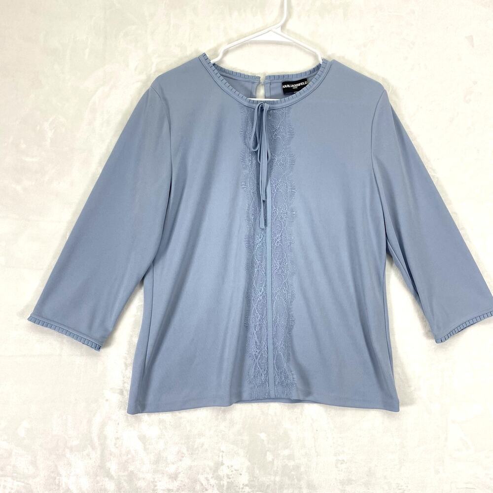 Karl Lagerfeld Paris Women's light blue tie neck lace blouse Sz M